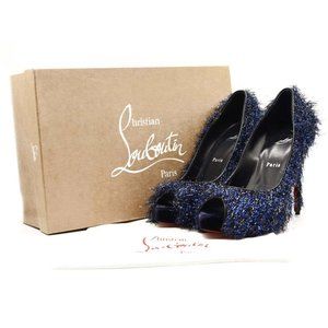NEW $850 Christian Louboutin Very Prive 120 Peep Toe Blue Glitter Metallic Threa